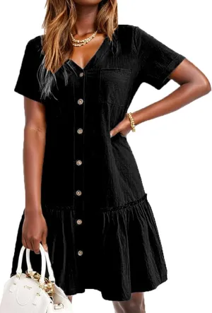 Women's Casual Summer Cotton Linen Dress Button Down V Neck Short Sleeve Loose Tshirt Midi Dresses Ruffle Hem Beach