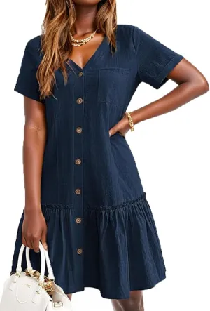 Women's Casual Summer Cotton Linen Dress Button Down V Neck Short Sleeve Loose Tshirt Midi Dresses Ruffle Hem Beach