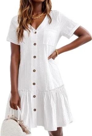Women's Casual Summer Cotton Linen Dress Button Down V Neck Short Sleeve Loose Tshirt Midi Dresses Ruffle Hem Beach