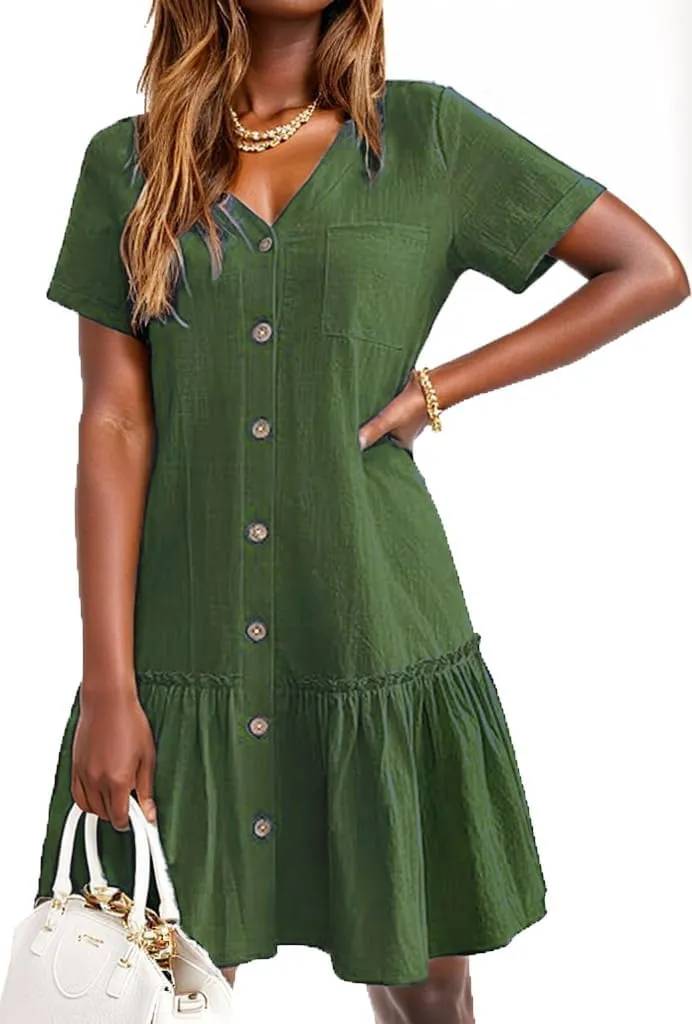 Women's Casual Summer Cotton Linen Dress Button Down V Neck Short Sleeve Loose Tshirt Midi Dresses Ruffle Hem Beach