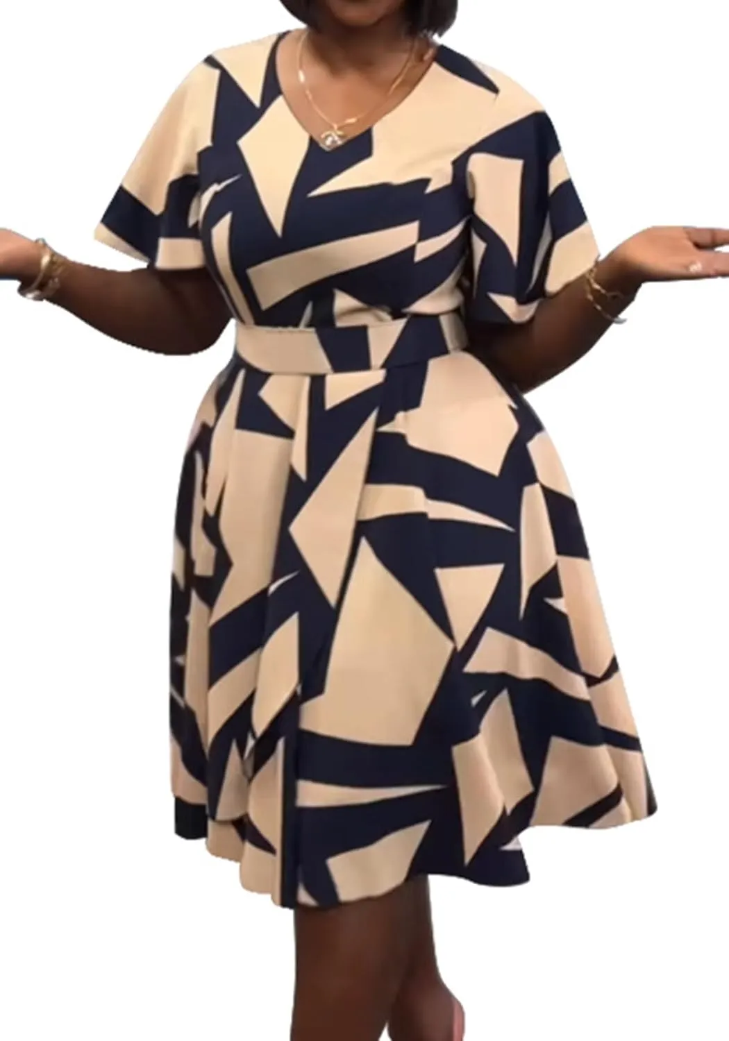 Women's Color Block V Neck Midi Dresses Short Sleeve Plus Size Print Wrap Flared Midi Dress Cocktail