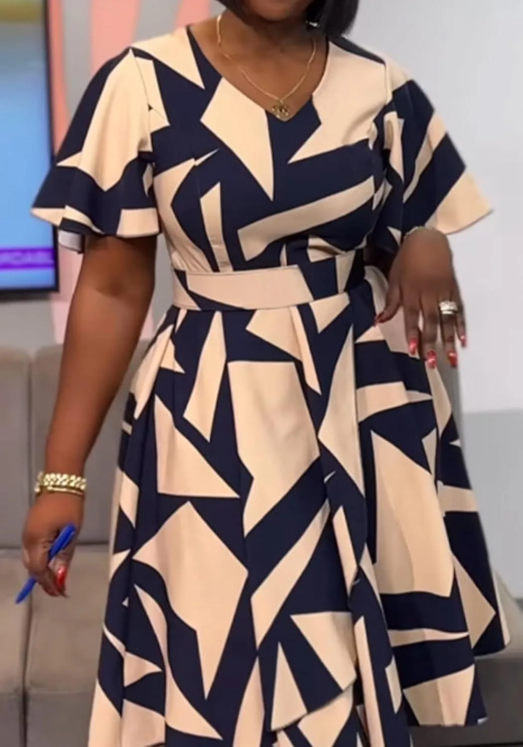 Women's Color Block V Neck Midi Dresses Short Sleeve Plus Size Print Wrap Flared Midi Dress Cocktail