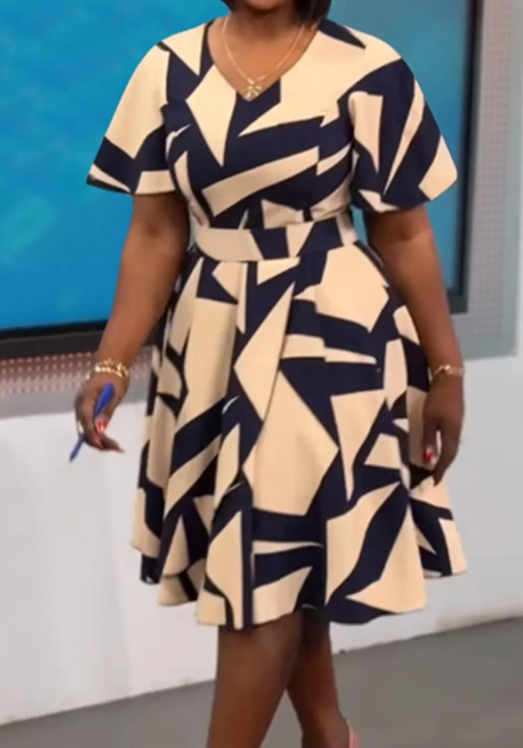 Women's Color Block V Neck Midi Dresses Short Sleeve Plus Size Print Wrap Flared Midi Dress Cocktail