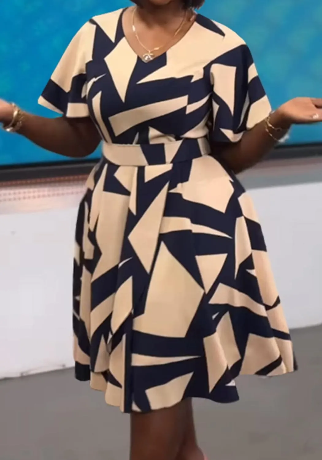 Women's Color Block V Neck Midi Dresses Short Sleeve Plus Size Print Wrap Flared Midi Dress Cocktail