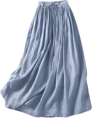 Women's Cotton Linen Skirts Summer Lightweight Casual Lace-Up Waist Long Skirt Beach Vacation Flowy Boho Skirts