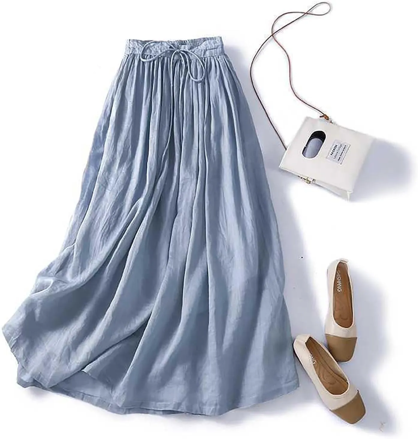 Women's Cotton Linen Skirts Summer Lightweight Casual Lace-Up Waist Long Skirt Beach Vacation Flowy Boho Skirts
