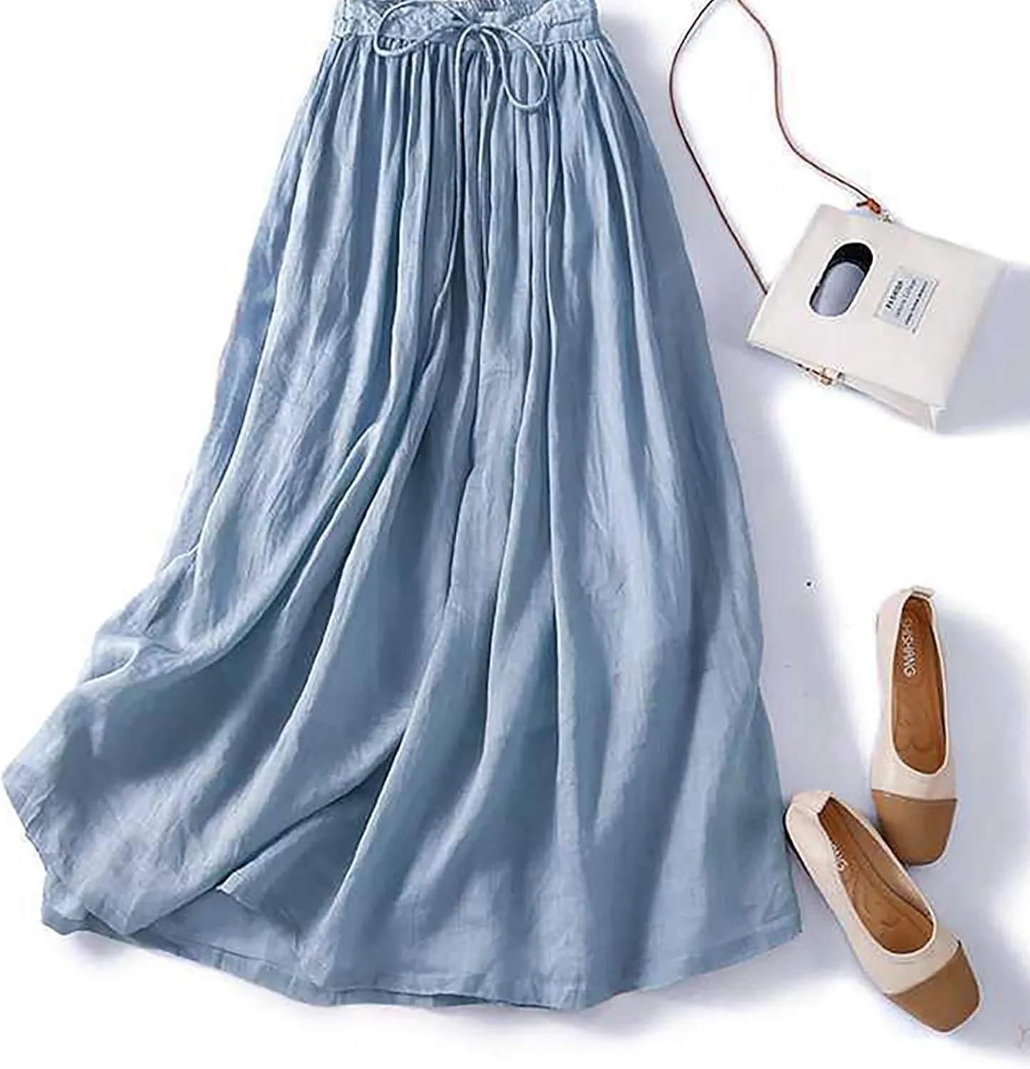 Women's Cotton Linen Skirts Summer Lightweight Casual Lace-Up Waist Long Skirt Beach Vacation Flowy Boho Skirts