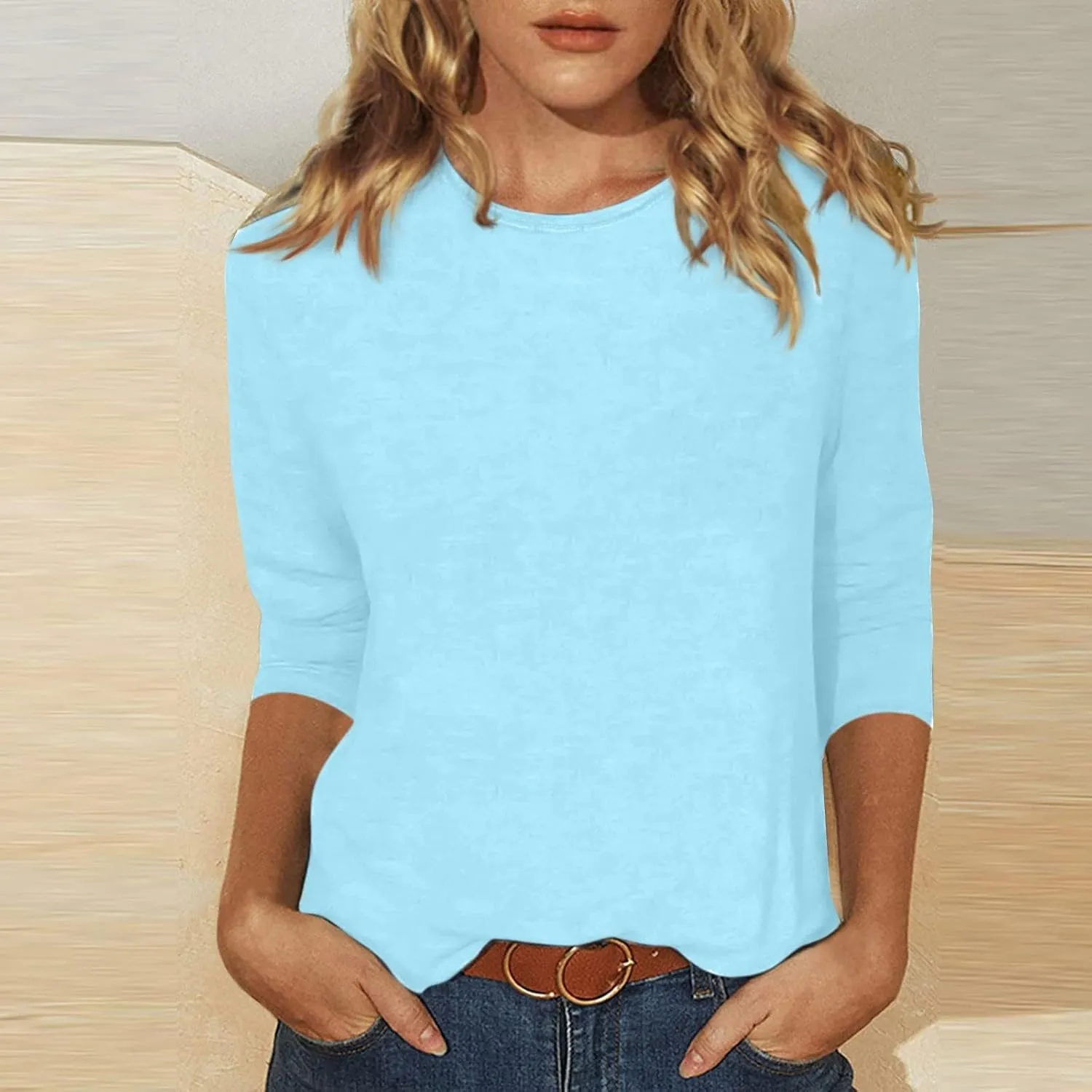 Women's Crewneck 3/4 Sleeve Tops,Casual Trendy Loose Fit Summer T Shirts Plain Tees Basic Tunic Blouses