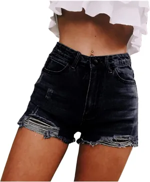 Womens Denim Shorts High Waisted Ripped Stretchable Mom Jeans Shorts Pure Color Trendy Raw Hem Slim Shorts Summer Shorts for Women 2023