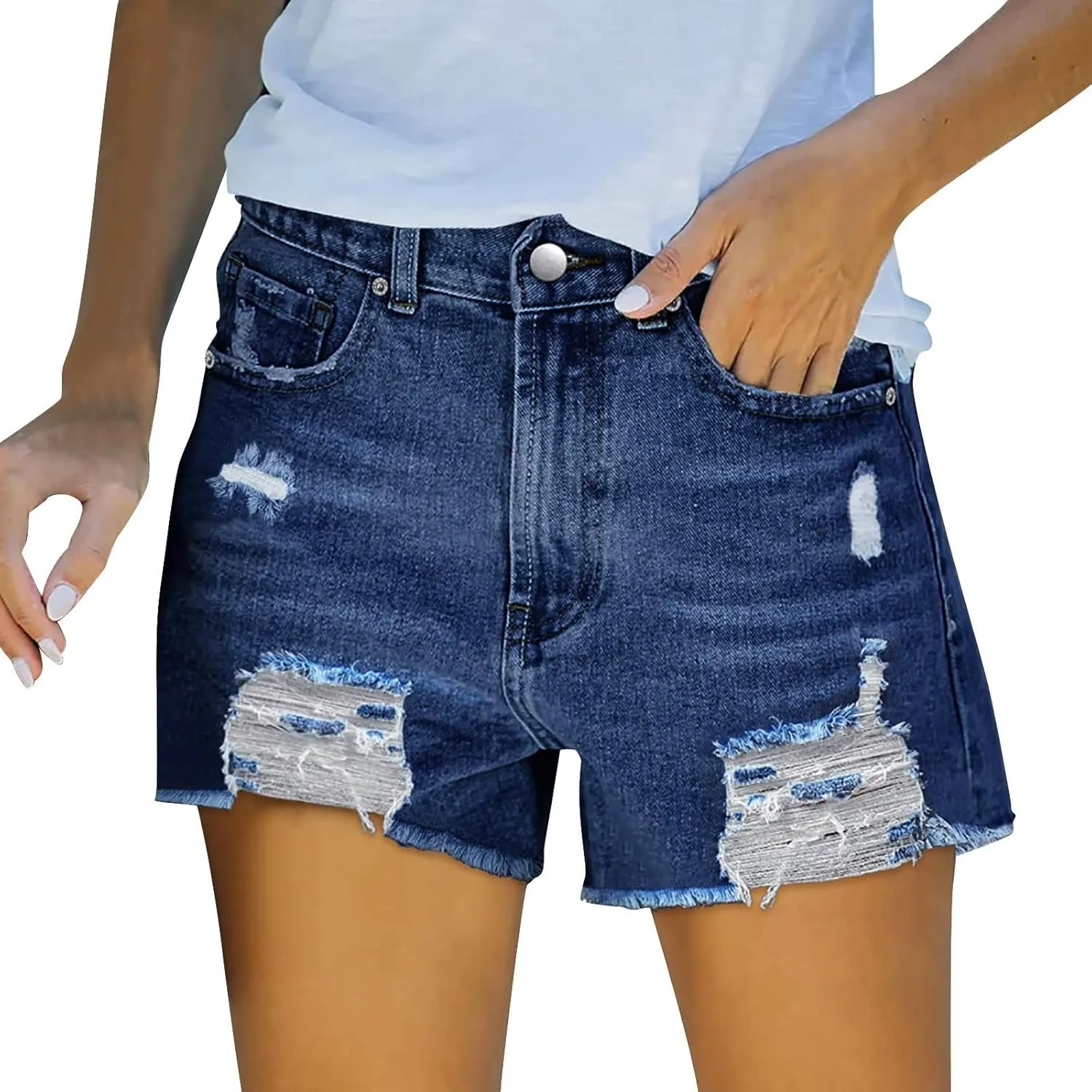 Womens Denim Shorts Stretchy High Waisted Solid Trendy Boyfriend Jeans Shorts with Pockets Frayed Raw Hem Hot Short Pants Womens Shorts for Summer Dressy
