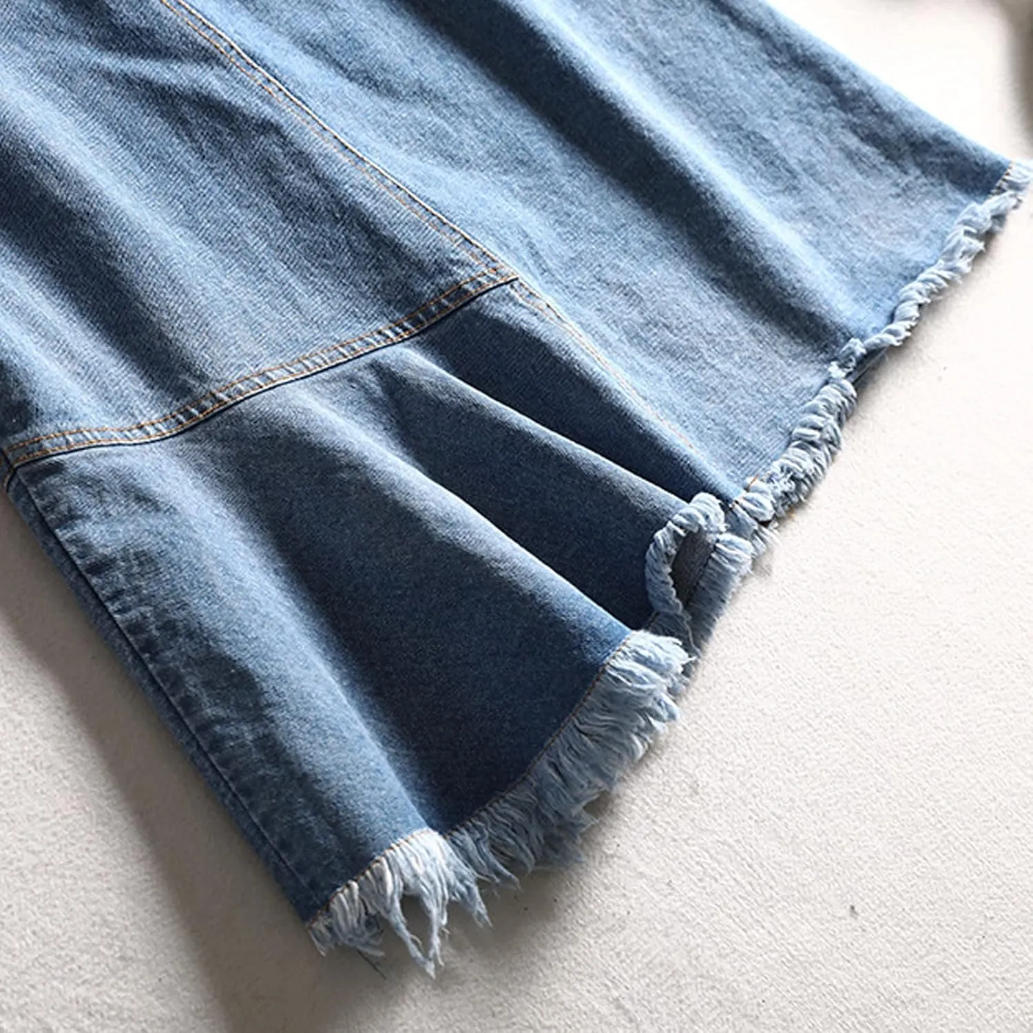 Womens Denim Skirt Knee Length High Waist Jean Skirts Irregular Ruffle Frayed Raw Hem Button Front