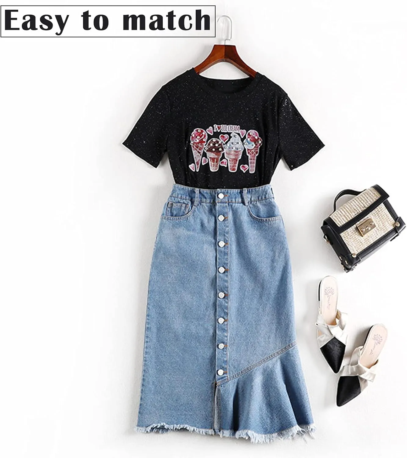 Womens Denim Skirt Knee Length High Waist Jean Skirts Irregular Ruffle Frayed Raw Hem Button Front