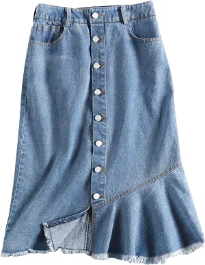 Womens Denim Skirt Knee Length High Waist Jean Skirts Irregular Ruffle Frayed Raw Hem Button Front