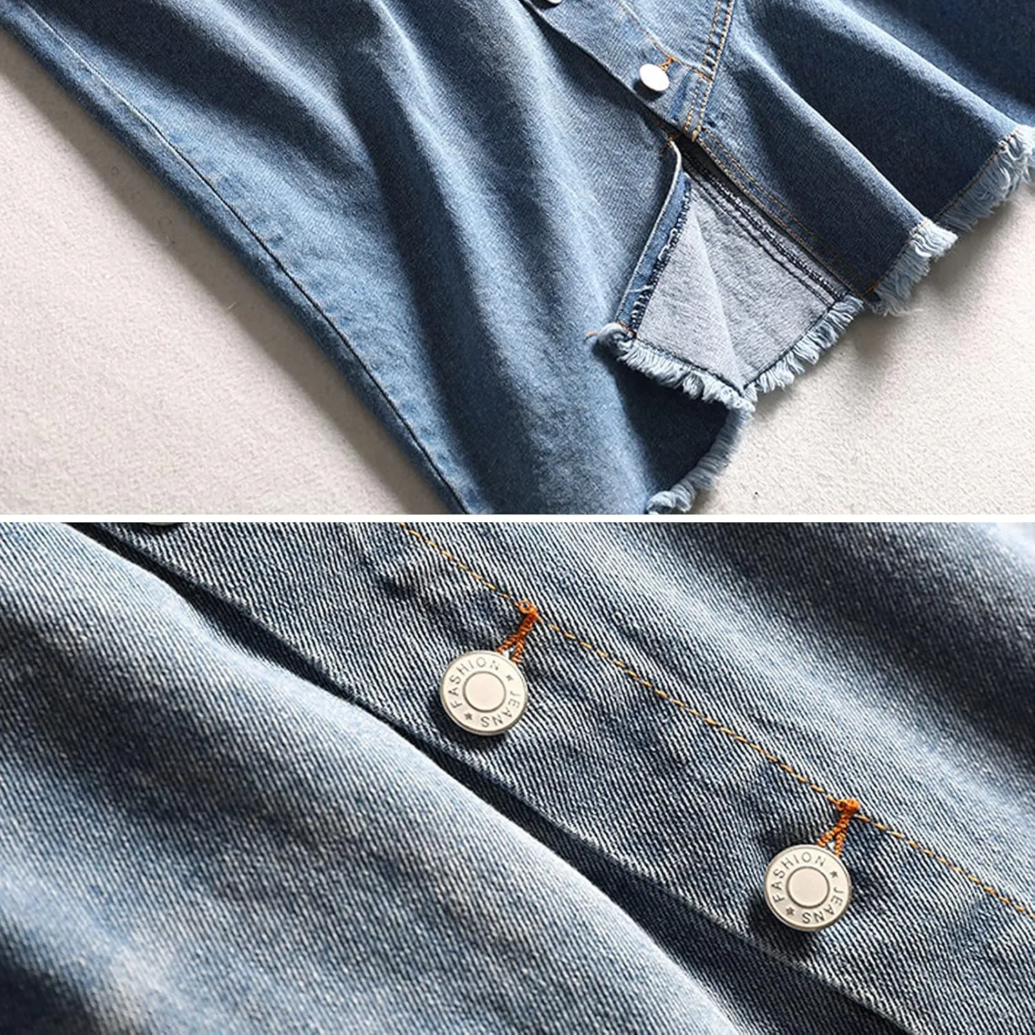 Womens Denim Skirt Knee Length High Waist Jean Skirts Irregular Ruffle Frayed Raw Hem Button Front