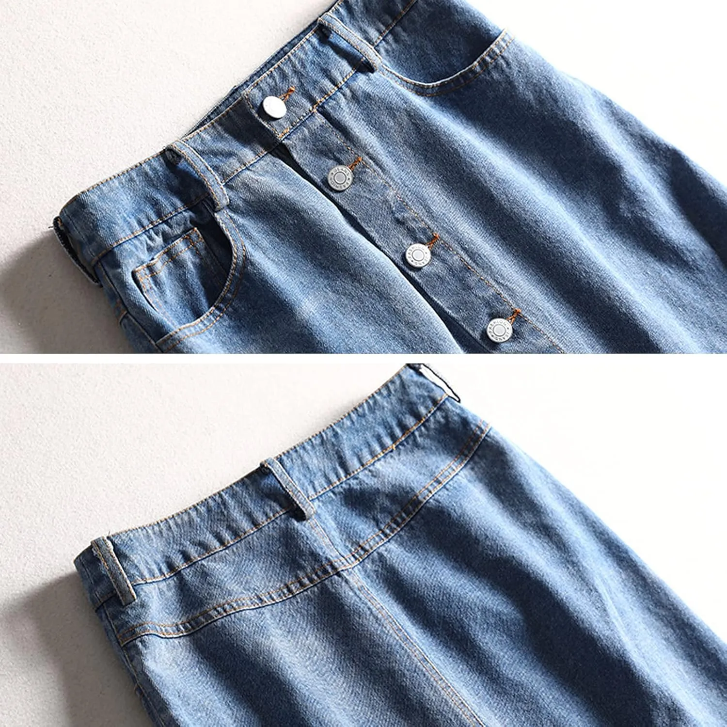 Womens Denim Skirt Knee Length High Waist Jean Skirts Irregular Ruffle Frayed Raw Hem Button Front