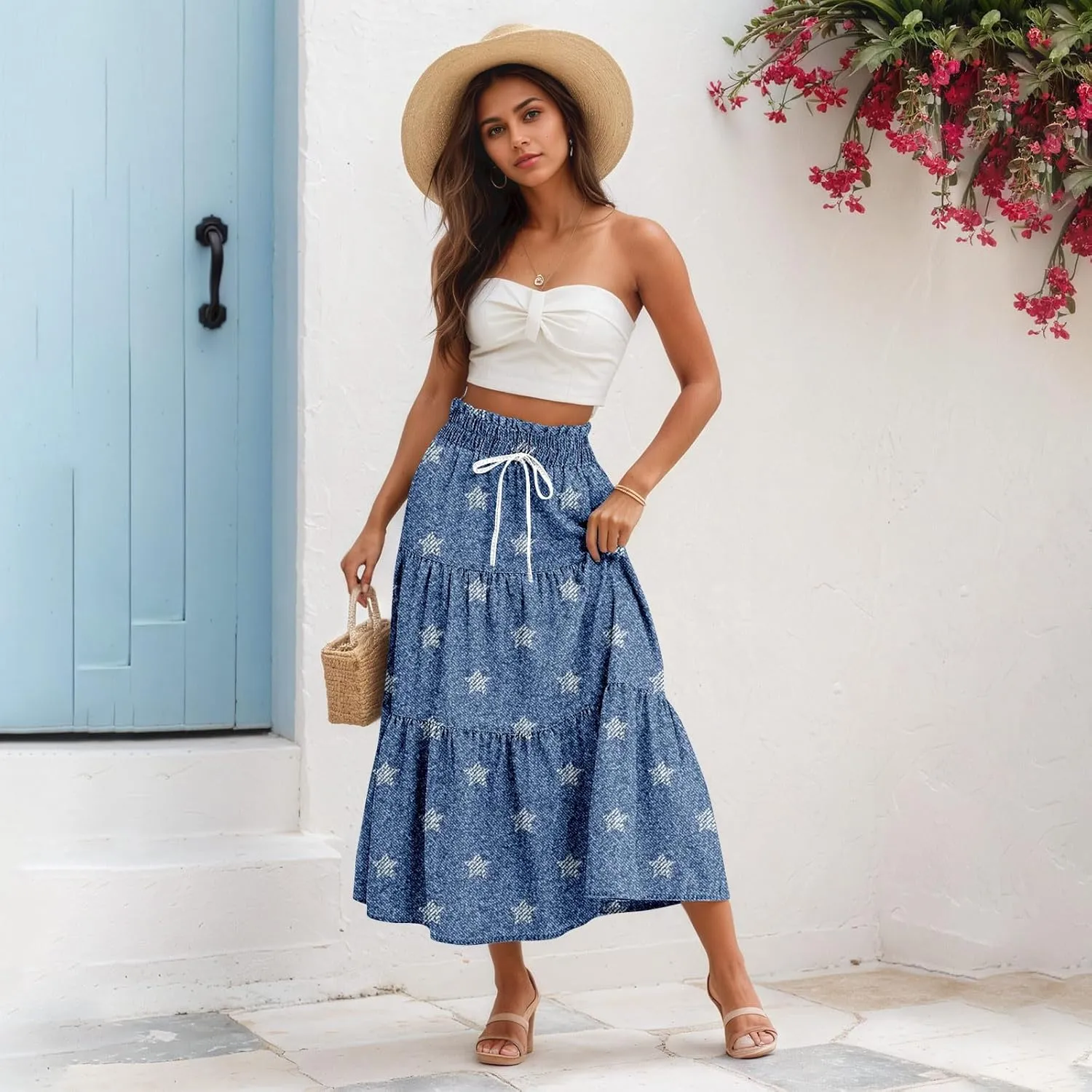 Women's Drawstring Elastic Waist Midi Skirt Solid Color Pleated A Line Tiered Skirts Beach Vacation Flowy Skirt
