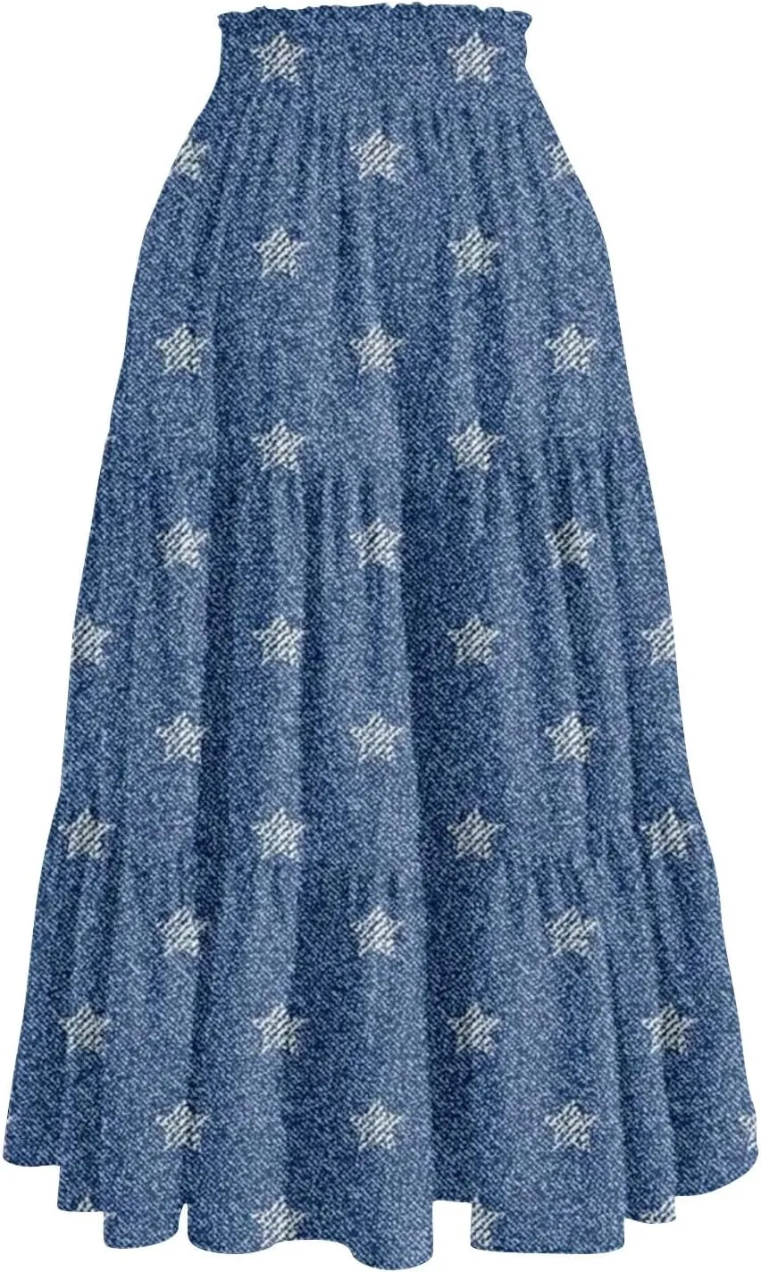 Women's Drawstring Elastic Waist Midi Skirt Solid Color Pleated A Line Tiered Skirts Beach Vacation Flowy Skirt