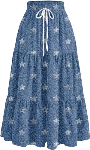 Women's Drawstring Elastic Waist Midi Skirt Solid Color Pleated A Line Tiered Skirts Beach Vacation Flowy Skirt