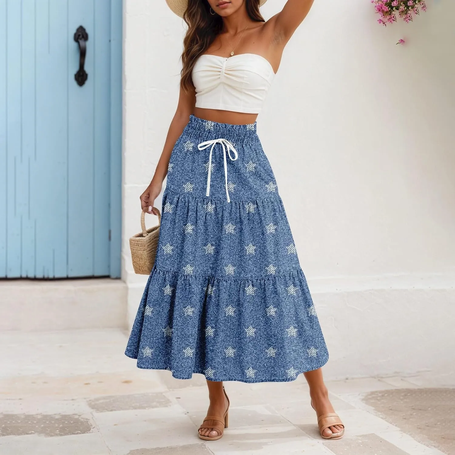 Women's Drawstring Elastic Waist Midi Skirt Solid Color Pleated A Line Tiered Skirts Beach Vacation Flowy Skirt