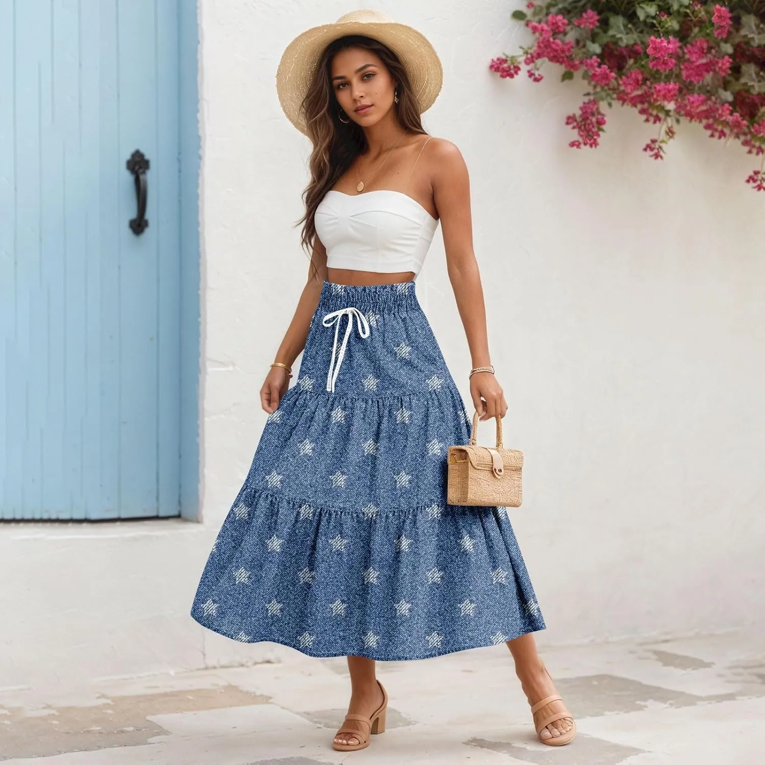 Women's Drawstring Elastic Waist Midi Skirt Solid Color Pleated A Line Tiered Skirts Beach Vacation Flowy Skirt