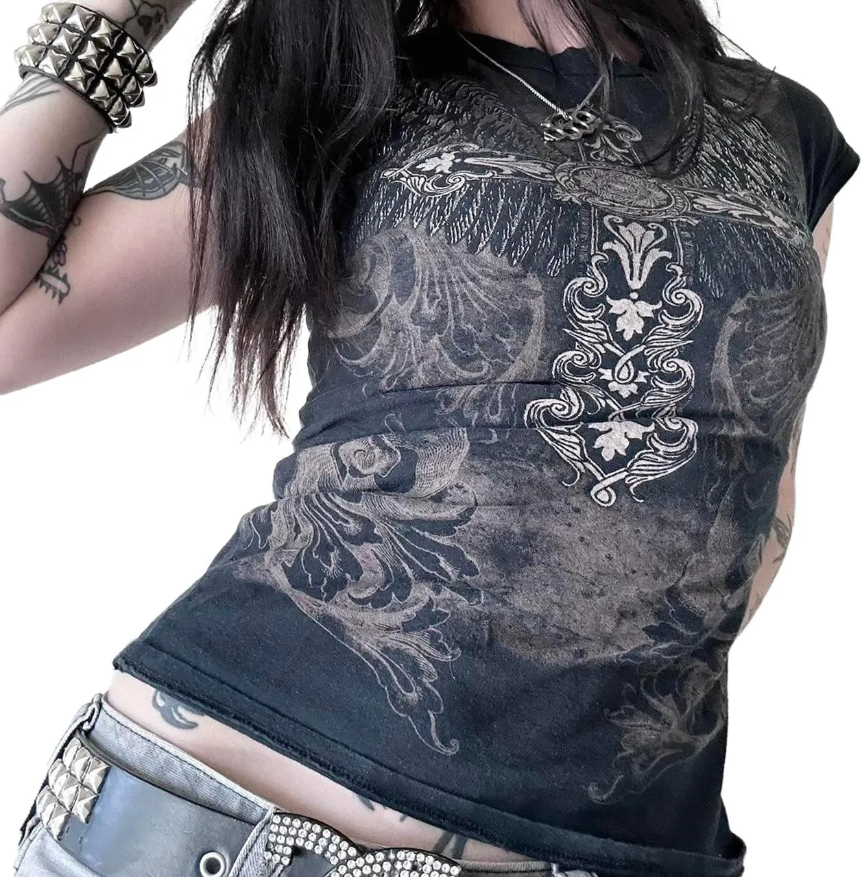 Womens E-Girls Short Sleeve Crop Top Fairy Grunge Y2k Summer Going Out Punk Rock Emo Goth Graphic Print T Shirts