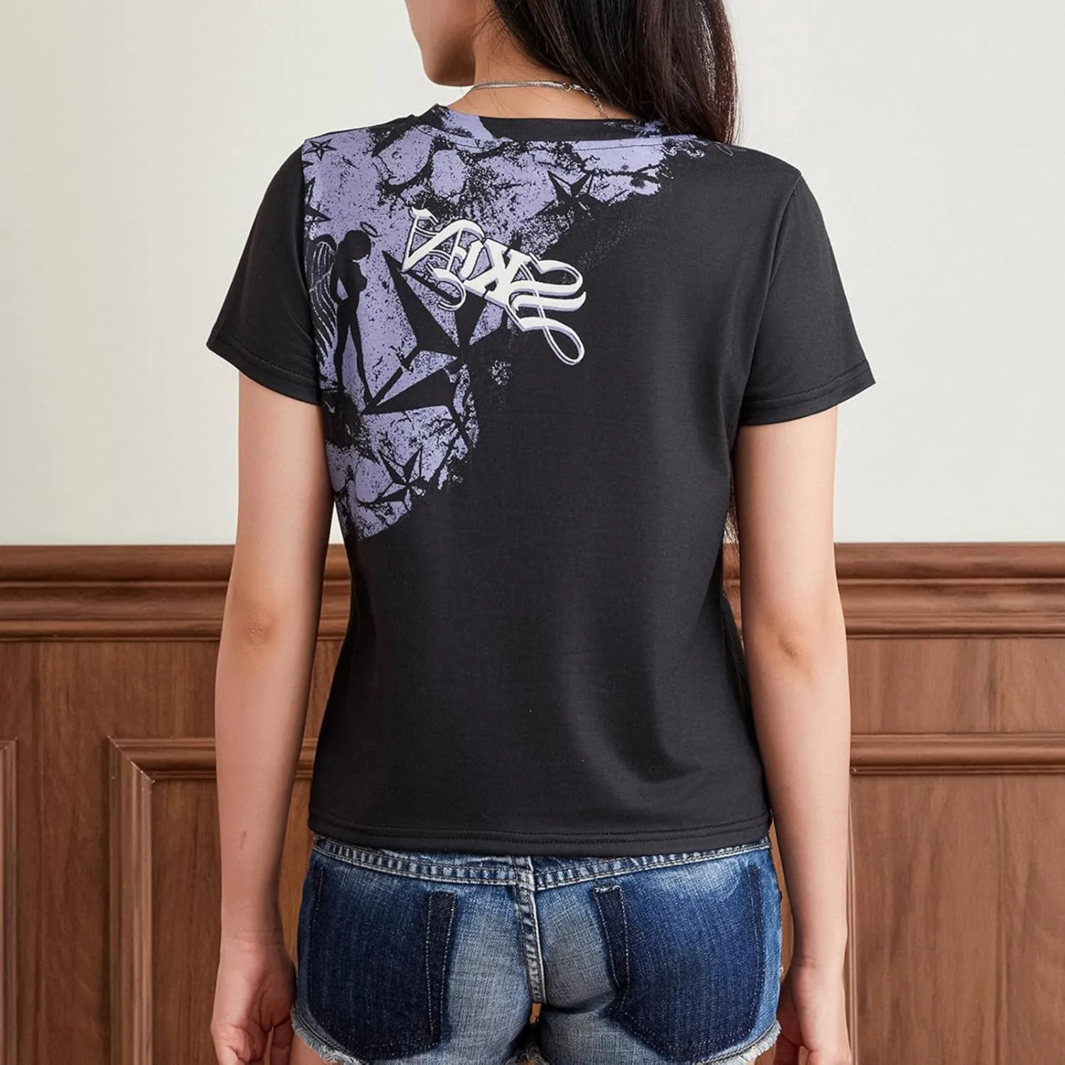 Womens E-Girls Short Sleeve Crop Top Fairy Grunge Y2k Summer Going Out Punk Rock Emo Goth Graphic Print T Shirts