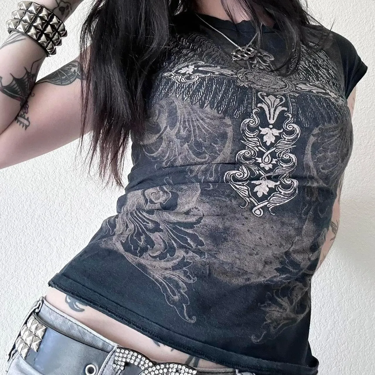 Womens E-Girls Short Sleeve Crop Top Fairy Grunge Y2k Summer Going Out Punk Rock Emo Goth Graphic Print T Shirts