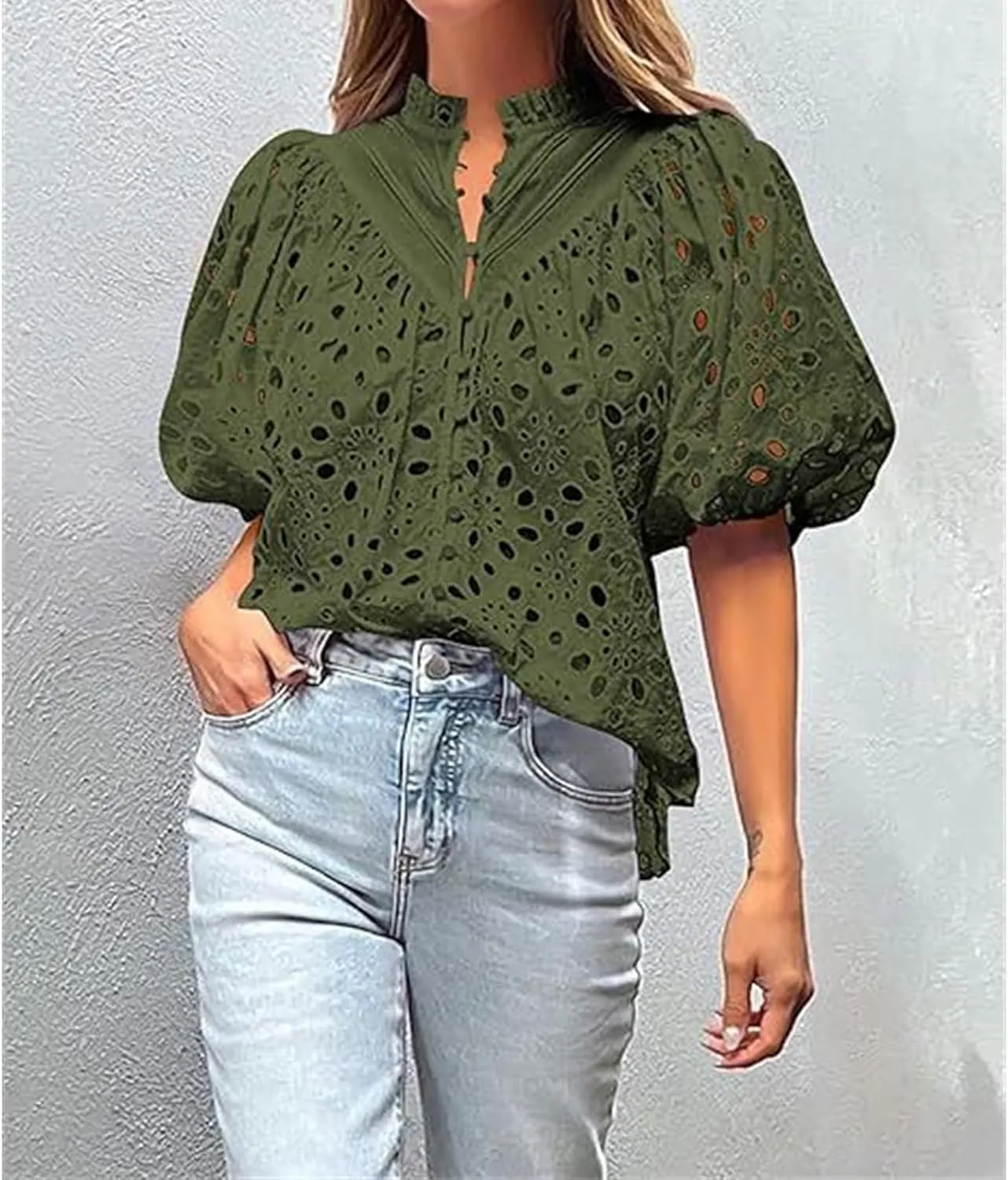Women's Eyelet Tops Casual Puff Short Sleeve V Neck Tops Breathable Hollow Out Embroidered Shirts Button Down Shirts