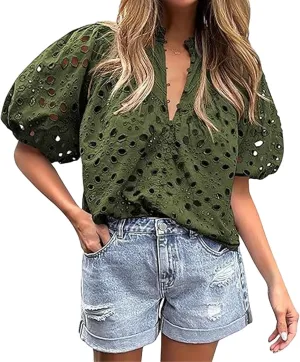 Women's Eyelet Tops Casual Puff Short Sleeve V Neck Tops Breathable Hollow Out Embroidered Shirts Button Down Shirts