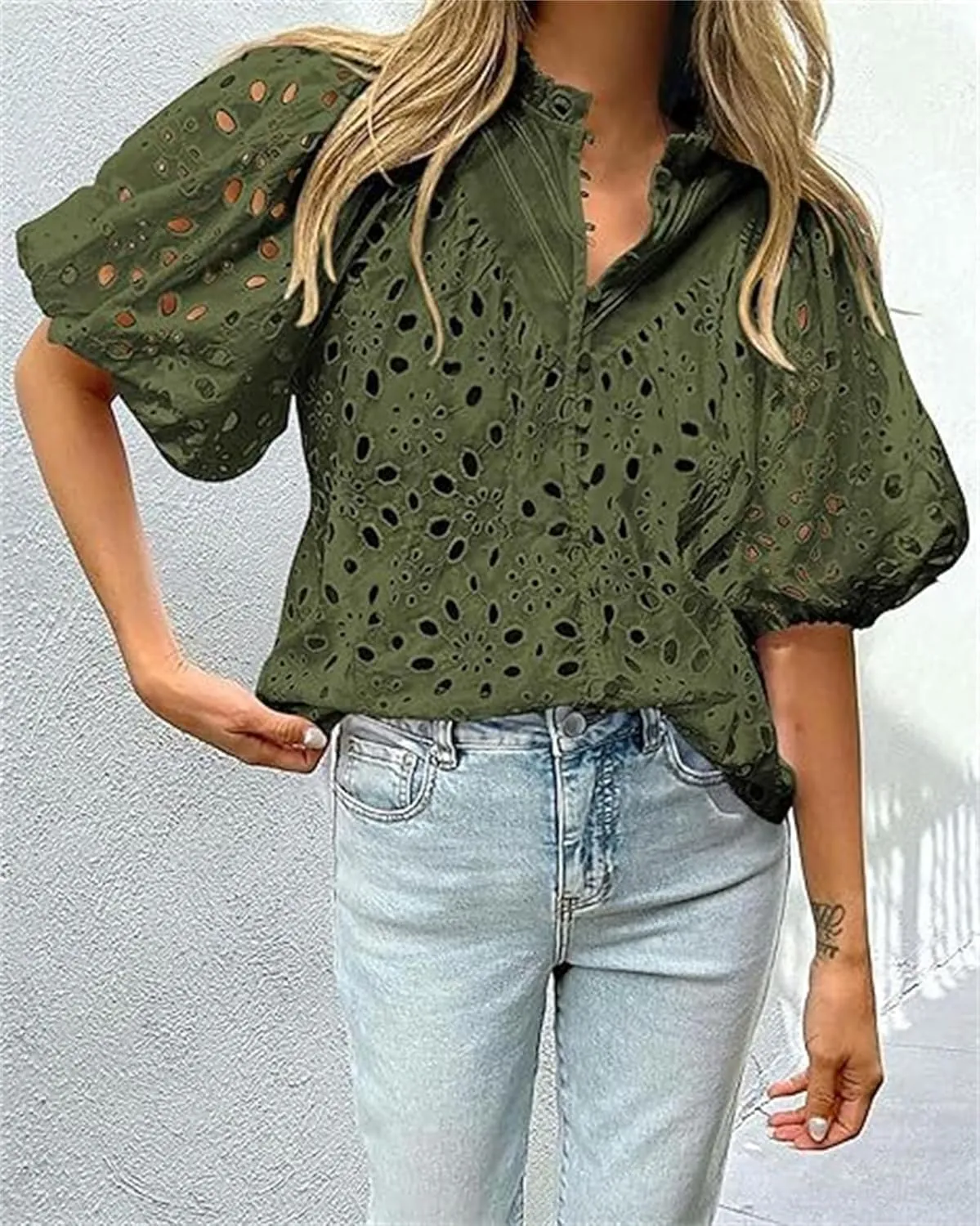 Women's Eyelet Tops Casual Puff Short Sleeve V Neck Tops Breathable Hollow Out Embroidered Shirts Button Down Shirts