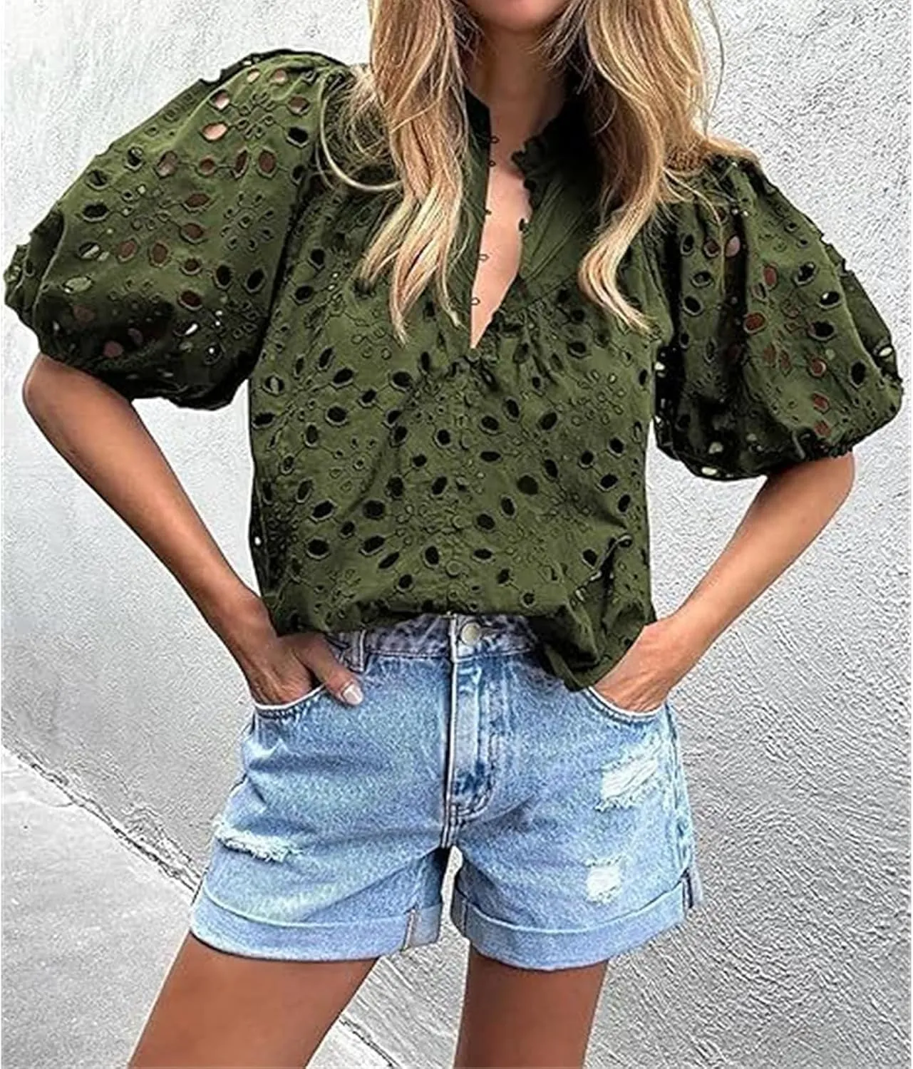 Women's Eyelet Tops Casual Puff Short Sleeve V Neck Tops Breathable Hollow Out Embroidered Shirts Button Down Shirts