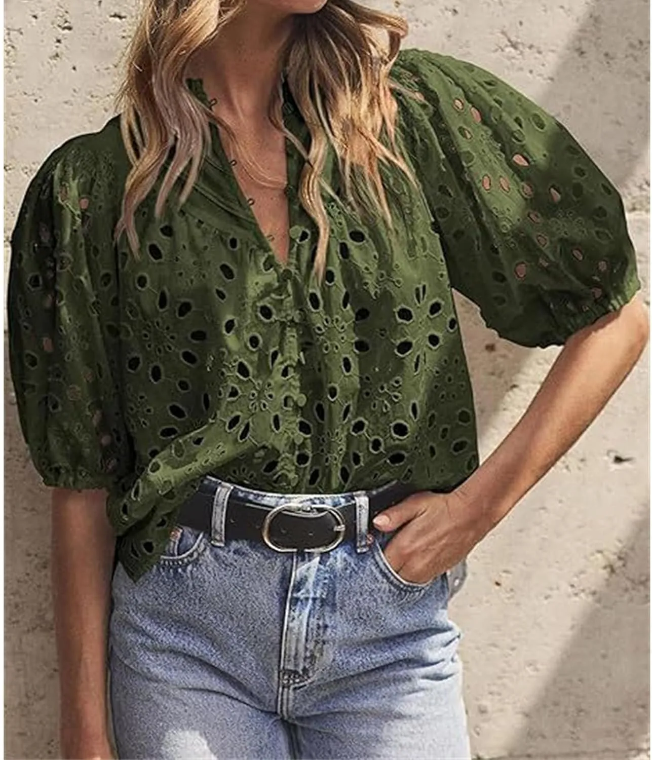 Women's Eyelet Tops Casual Puff Short Sleeve V Neck Tops Breathable Hollow Out Embroidered Shirts Button Down Shirts