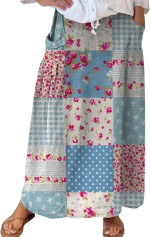 Womens Floral Boho Maxi Skirt Elastic High Waist Tiered Pleated Flowy Long Summer Casual Beach Skirt