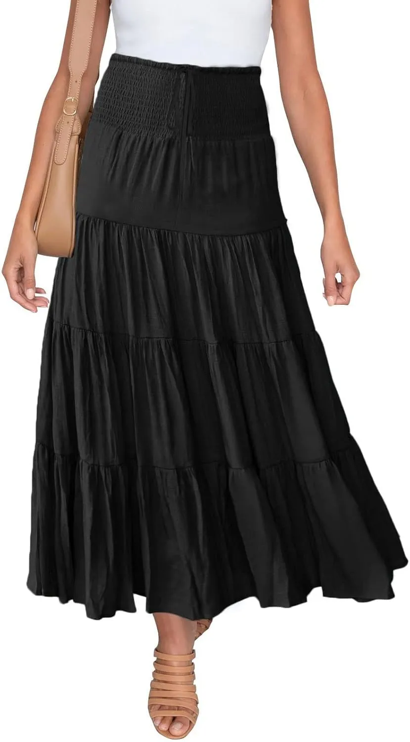 Womens Floral Boho Maxi Skirt Elastic High Waist Tiered Pleated Flowy Long Summer Casual Beach Skirt