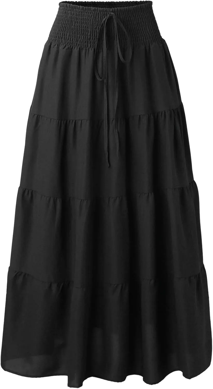 Womens Floral Boho Maxi Skirt Elastic High Waist Tiered Pleated Flowy Long Summer Casual Beach Skirt