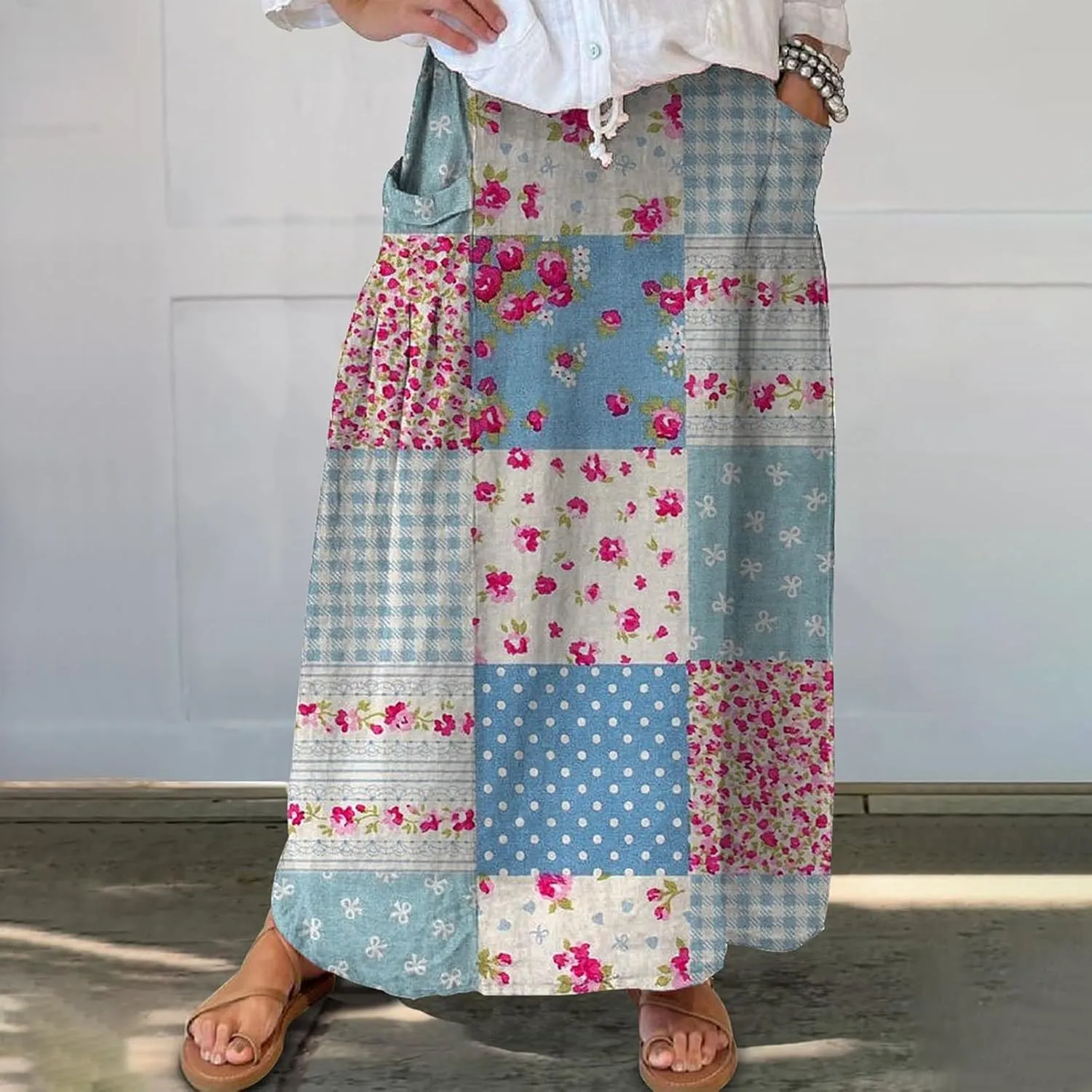 Womens Floral Boho Maxi Skirt Elastic High Waist Tiered Pleated Flowy Long Summer Casual Beach Skirt