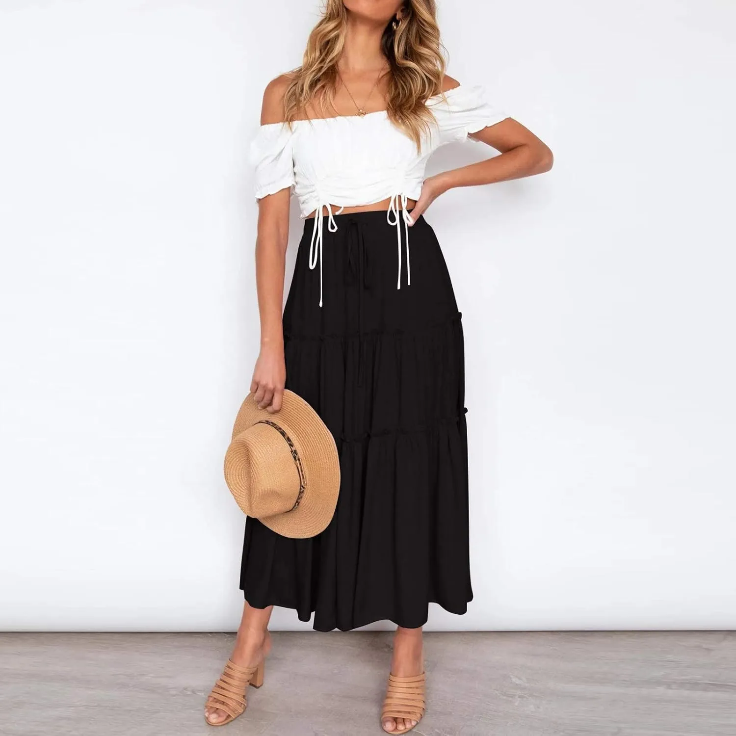 Womens Floral Boho Maxi Skirt Elastic High Waist Tiered Pleated Flowy Long Summer Casual Beach Skirt