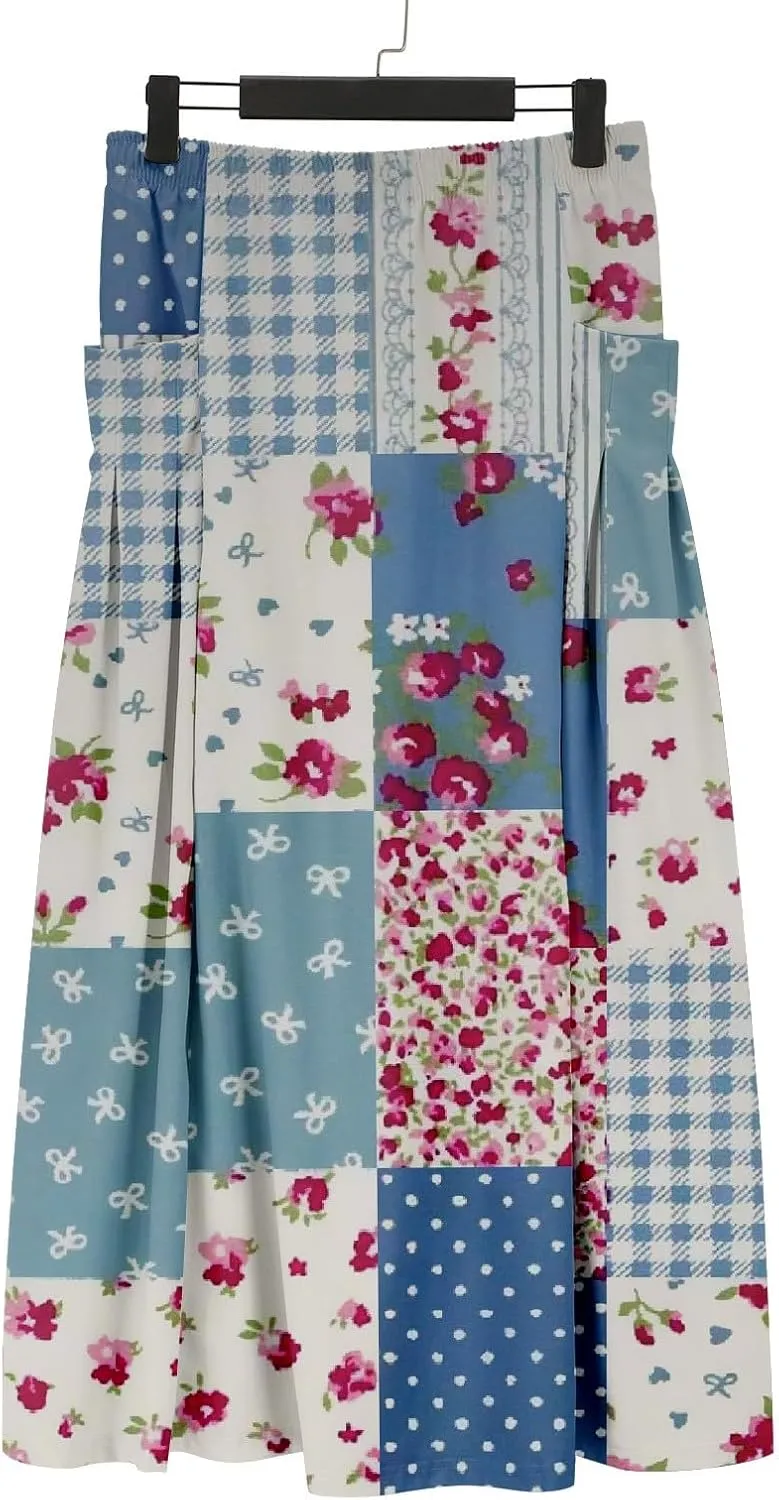 Womens Floral Boho Maxi Skirt Elastic High Waist Tiered Pleated Flowy Long Summer Casual Beach Skirt