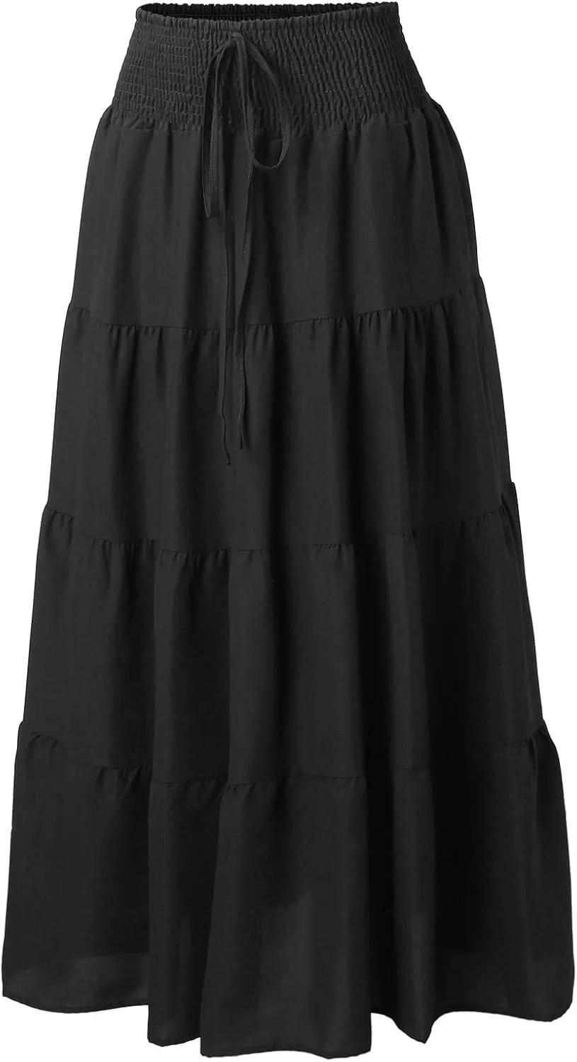 Womens Floral Boho Maxi Skirt Elastic High Waist Tiered Pleated Flowy Long Summer Casual Beach Skirt