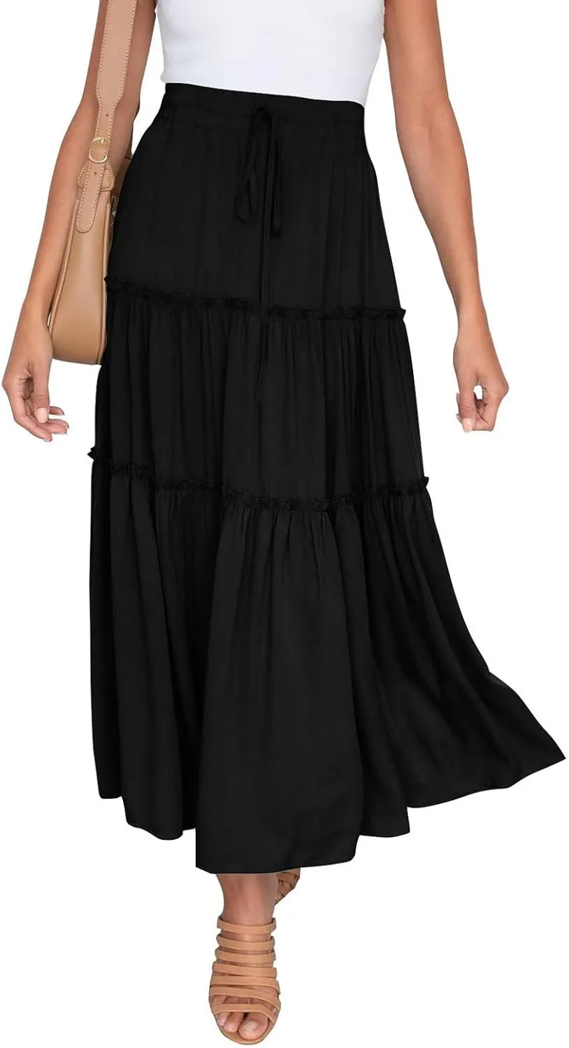 Womens Floral Boho Maxi Skirt Elastic High Waist Tiered Pleated Flowy Long Summer Casual Beach Skirt