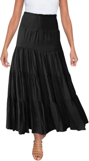 Womens Floral Boho Maxi Skirt Elastic High Waist Tiered Pleated Flowy Long Summer Casual Beach Skirt
