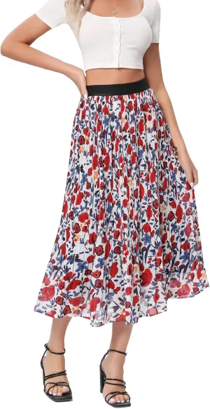 Women’s Floral Print Midi Skirts Chiffon Ethnic Elastic High Waist Casual Pleated Swing Skirts