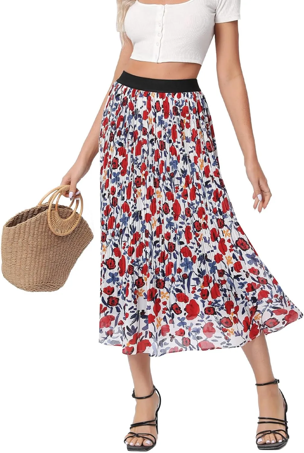 Women’s Floral Print Midi Skirts Chiffon Ethnic Elastic High Waist Casual Pleated Swing Skirts
