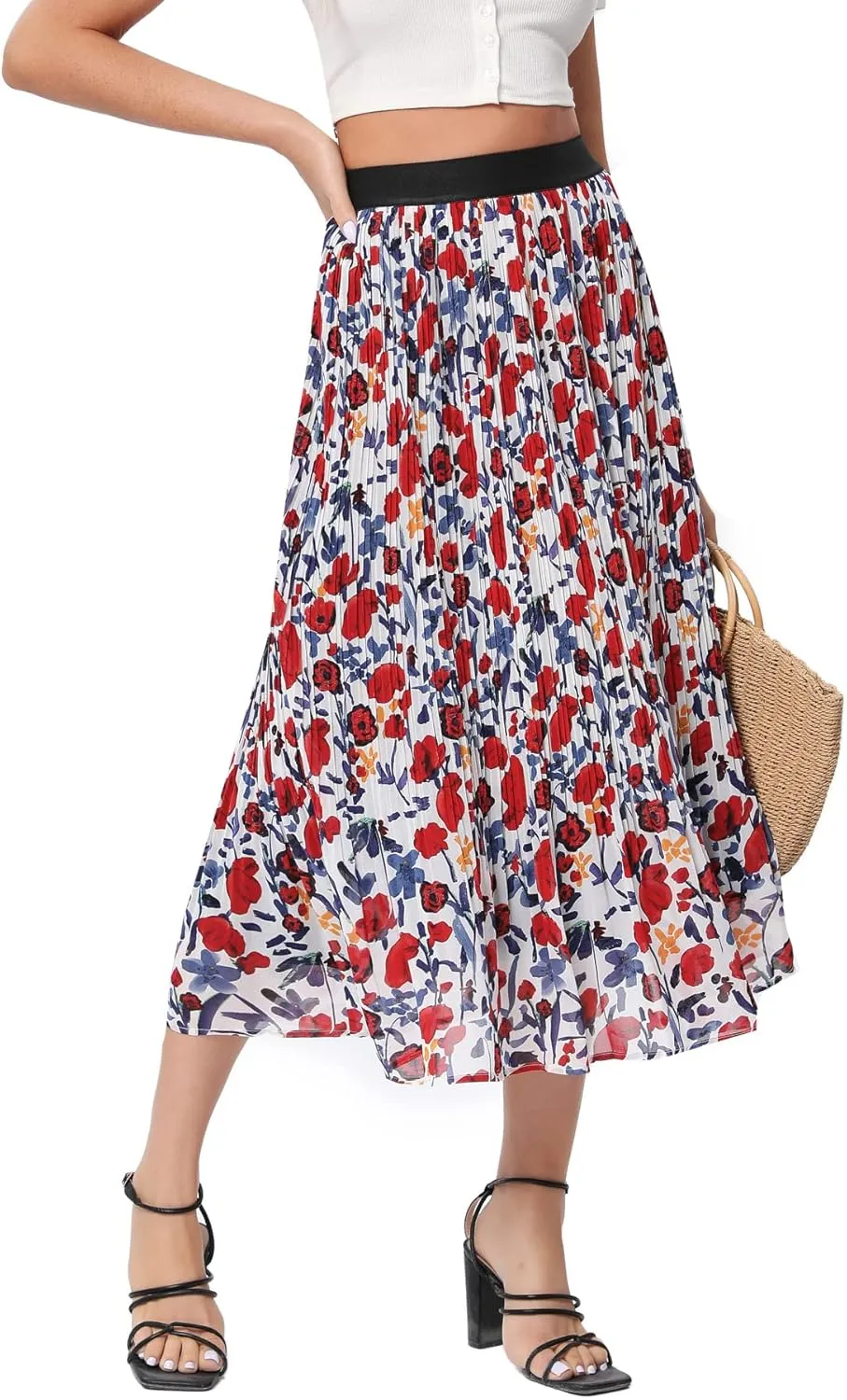 Women’s Floral Print Midi Skirts Chiffon Ethnic Elastic High Waist Casual Pleated Swing Skirts