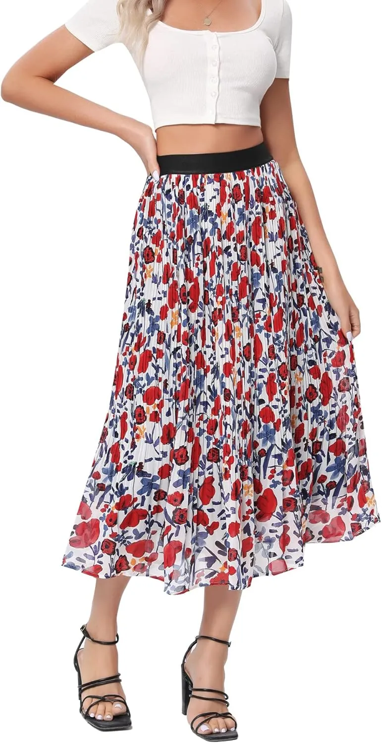 Women’s Floral Print Midi Skirts Chiffon Ethnic Elastic High Waist Casual Pleated Swing Skirts