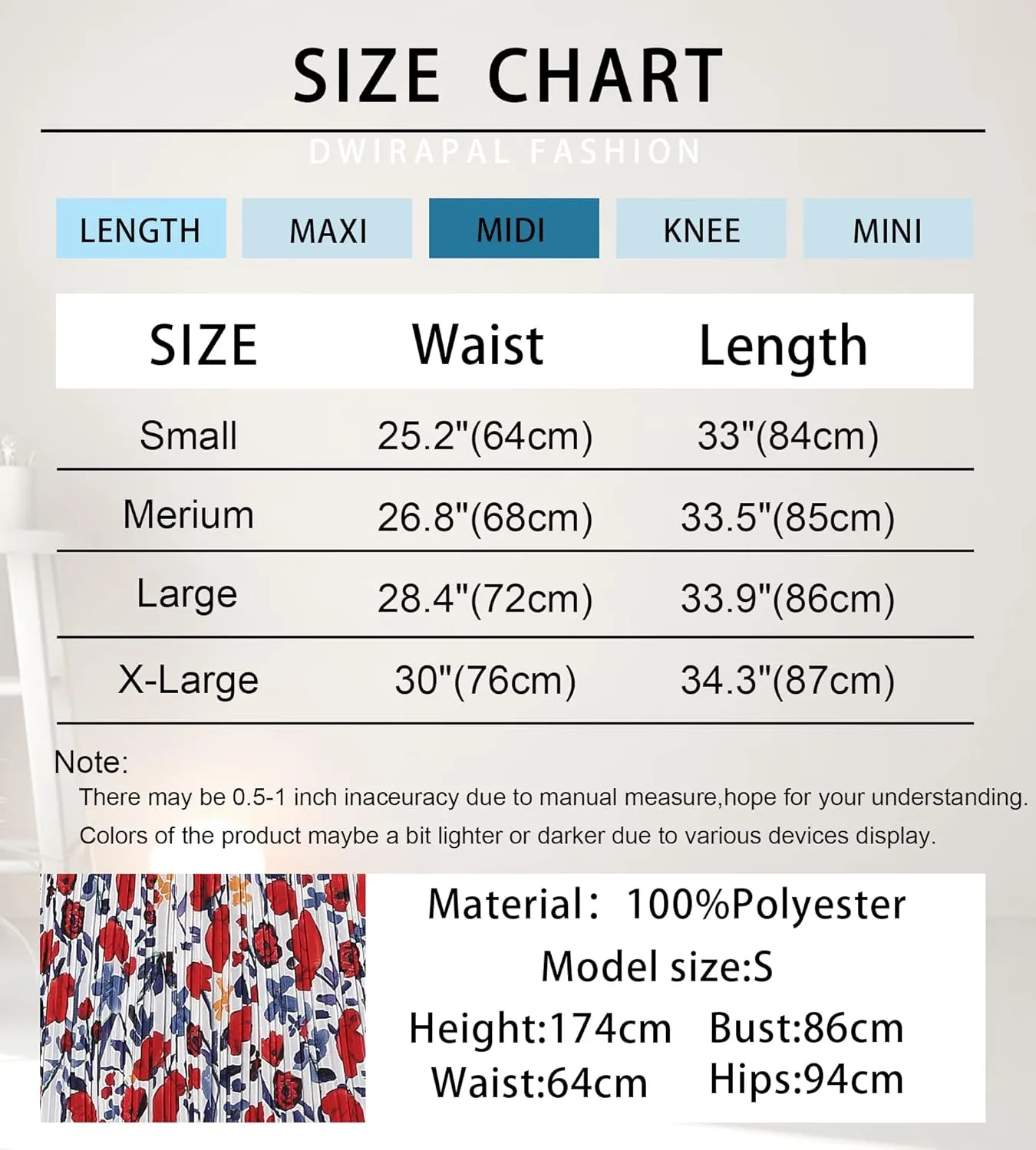 Women’s Floral Print Midi Skirts Chiffon Ethnic Elastic High Waist Casual Pleated Swing Skirts