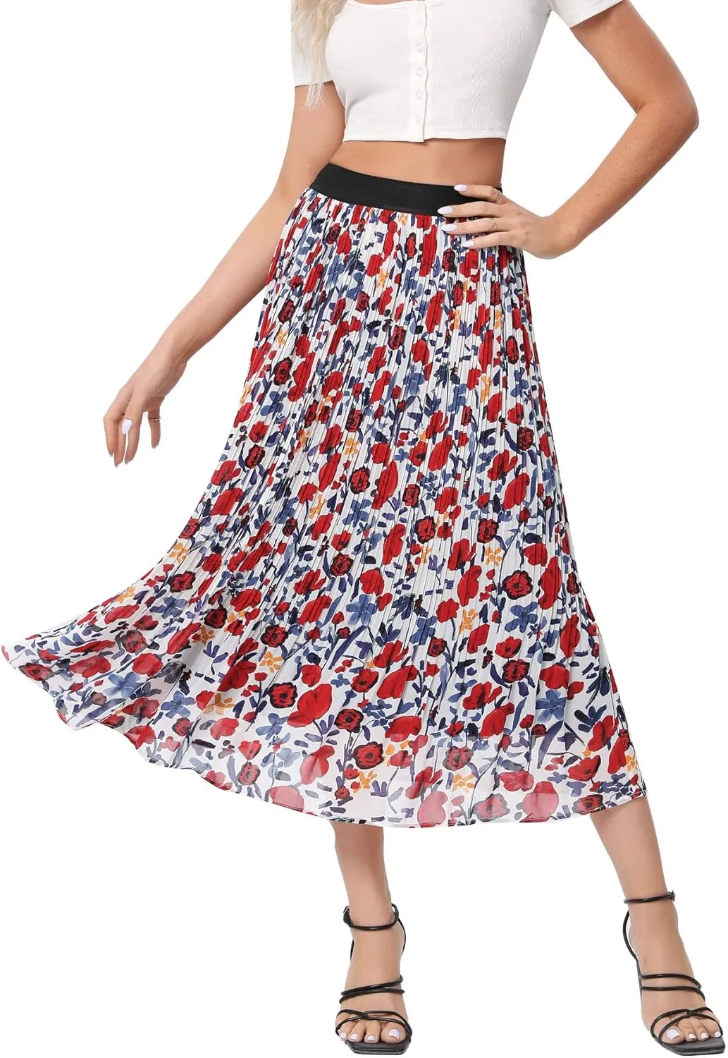 Women’s Floral Print Midi Skirts Chiffon Ethnic Elastic High Waist Casual Pleated Swing Skirts
