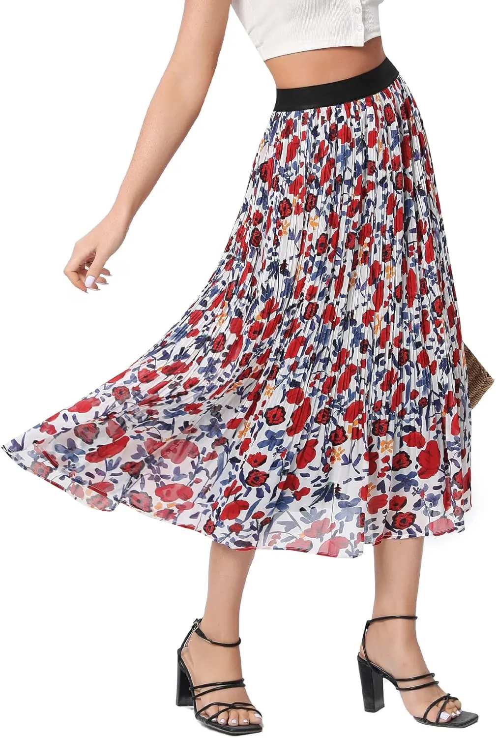 Women’s Floral Print Midi Skirts Chiffon Ethnic Elastic High Waist Casual Pleated Swing Skirts