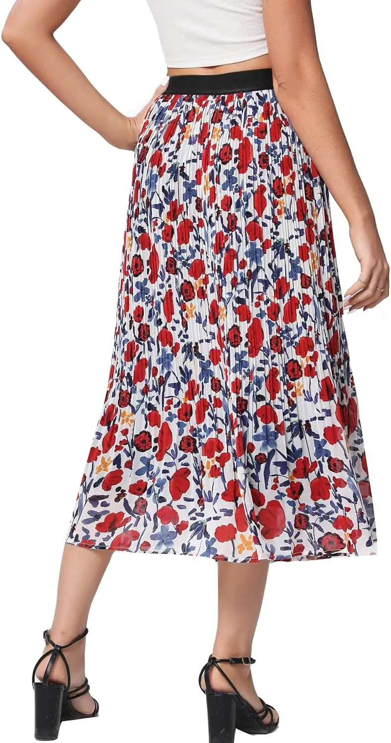 Women’s Floral Print Midi Skirts Chiffon Ethnic Elastic High Waist Casual Pleated Swing Skirts