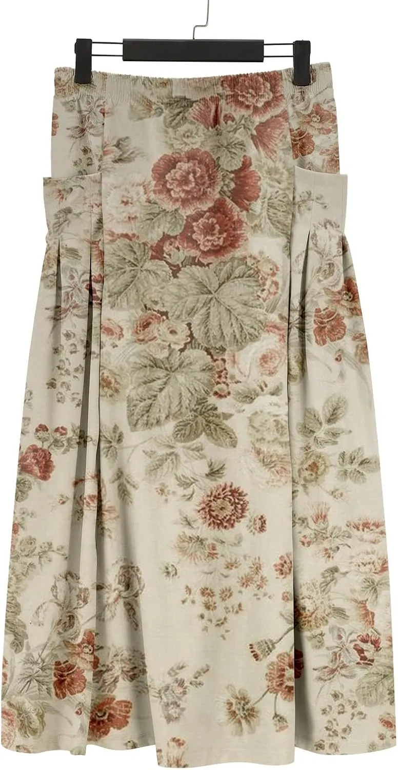Womens Flowy Long Boho Floral Maxi Skirt Elastic High Waist Tiered Pleated Summer Casual Beach Skirt